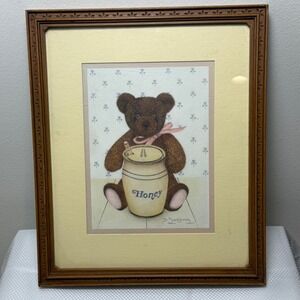 HOMCO Framed Teddy Bear Honey Print B Sienkiewicz Signed Wood Frame 13x15